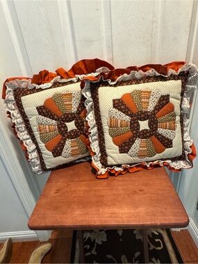 Handmade Patchwork Throw Pillow Pair - Orange and Brown